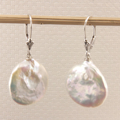 14K White Gold Large Coin Pearl Dangle Earrings