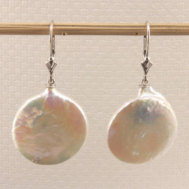 14K White Gold 20mm Coin Pearl Dangle Earrings