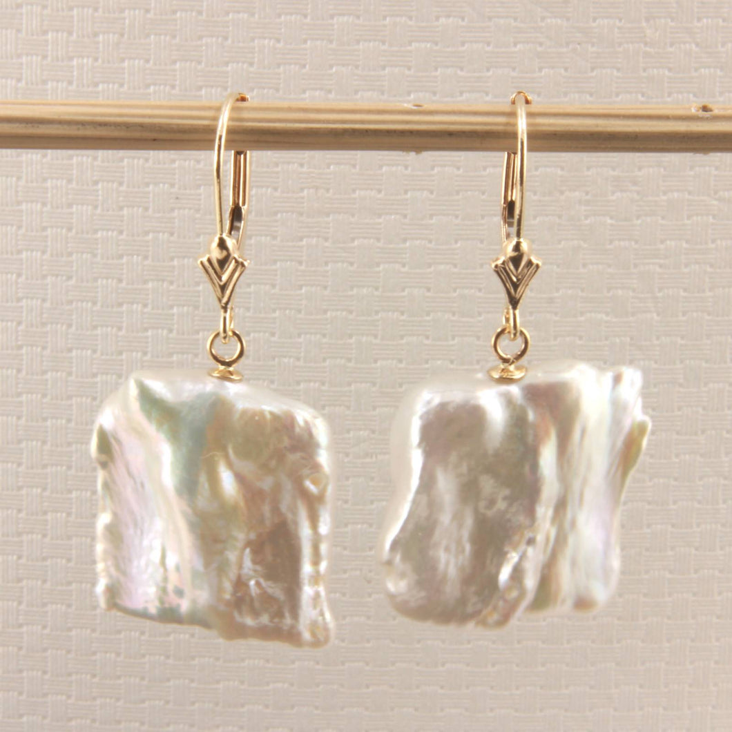 14K Yellow Gold White Coin Pearl Dangle Earrings (16mm)