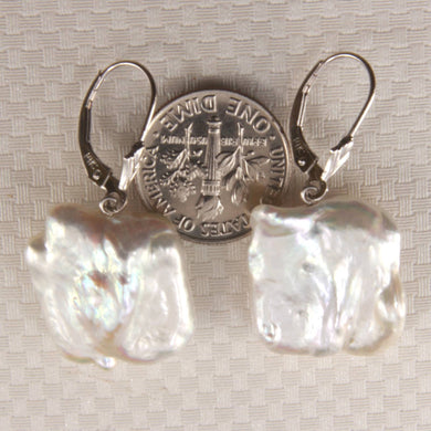 14K White Gold White Coin Pearl Dangle Earrings (17mm)