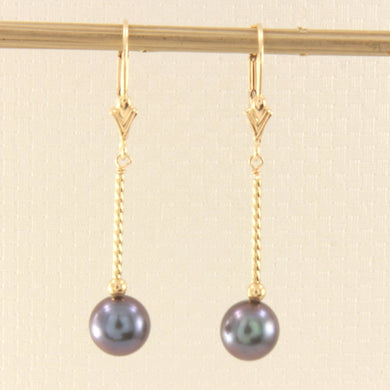 14K Yellow Gold Leverback Black Pearl Twist Tube Earrings (7–8mm)
