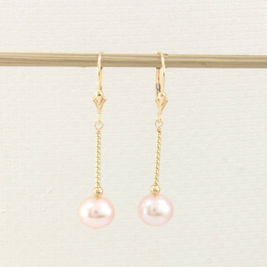 14K Yellow Gold Leverback Pink Pearl Twist Tube Earrings (8–8.5mm)