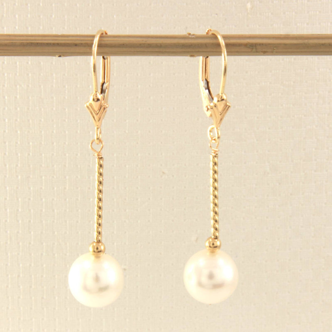 14K Yellow Gold Leverback White Pearl Twist Tube Earrings (8–8.5mm)