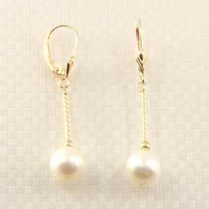 14K Yellow Gold Leverback White Pearl Twist Tube Earrings (8–8.5mm)
