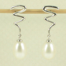 Load image into Gallery viewer, 14K White Gold Lightning Bolt White Pearl Dangle Earrings