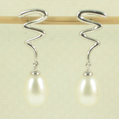 14K White Gold Lightning Bolt White Pearl Dangle Earrings
