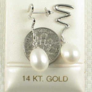 14K White Gold Lightning Bolt White Pearl Dangle Earrings