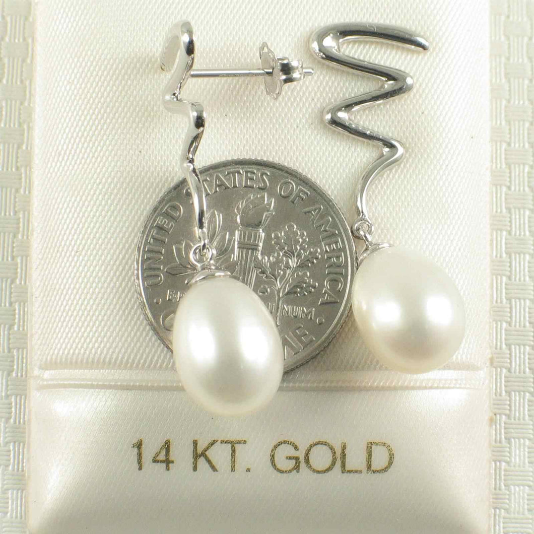 14K White Gold Lightning Bolt White Pearl Dangle Earrings