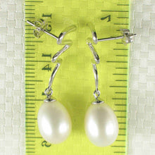 Load image into Gallery viewer, 14K White Gold Lightning Bolt White Pearl Dangle Earrings