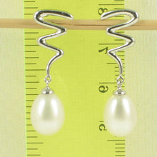 Load image into Gallery viewer, 14K White Gold Lightning Bolt White Pearl Dangle Earrings