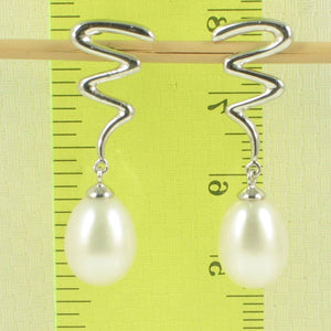 14K White Gold Lightning Bolt White Pearl Dangle Earrings