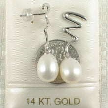 Load image into Gallery viewer, 14K White Gold Lightning Bolt White Pearl Dangle Earrings