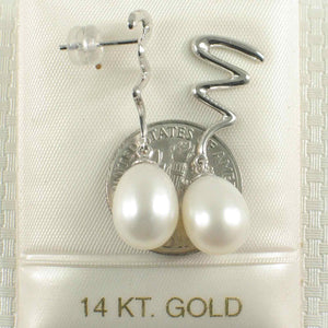 14K White Gold Lightning Bolt White Pearl Dangle Earrings