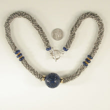 Load image into Gallery viewer, 24mm Engraved Blue Lapis with 14k Gold Roundels &amp; Silver Spacers Necklace