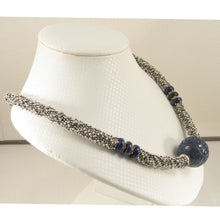 Load image into Gallery viewer, 24mm Engraved Blue Lapis with 14k Gold Roundels &amp; Silver Spacers Necklace