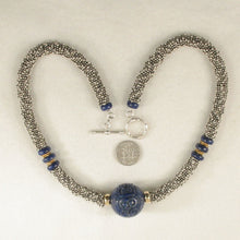 Load image into Gallery viewer, 24mm Engraved Blue Lapis with 14k Gold Roundels &amp; Silver Spacers Necklace
