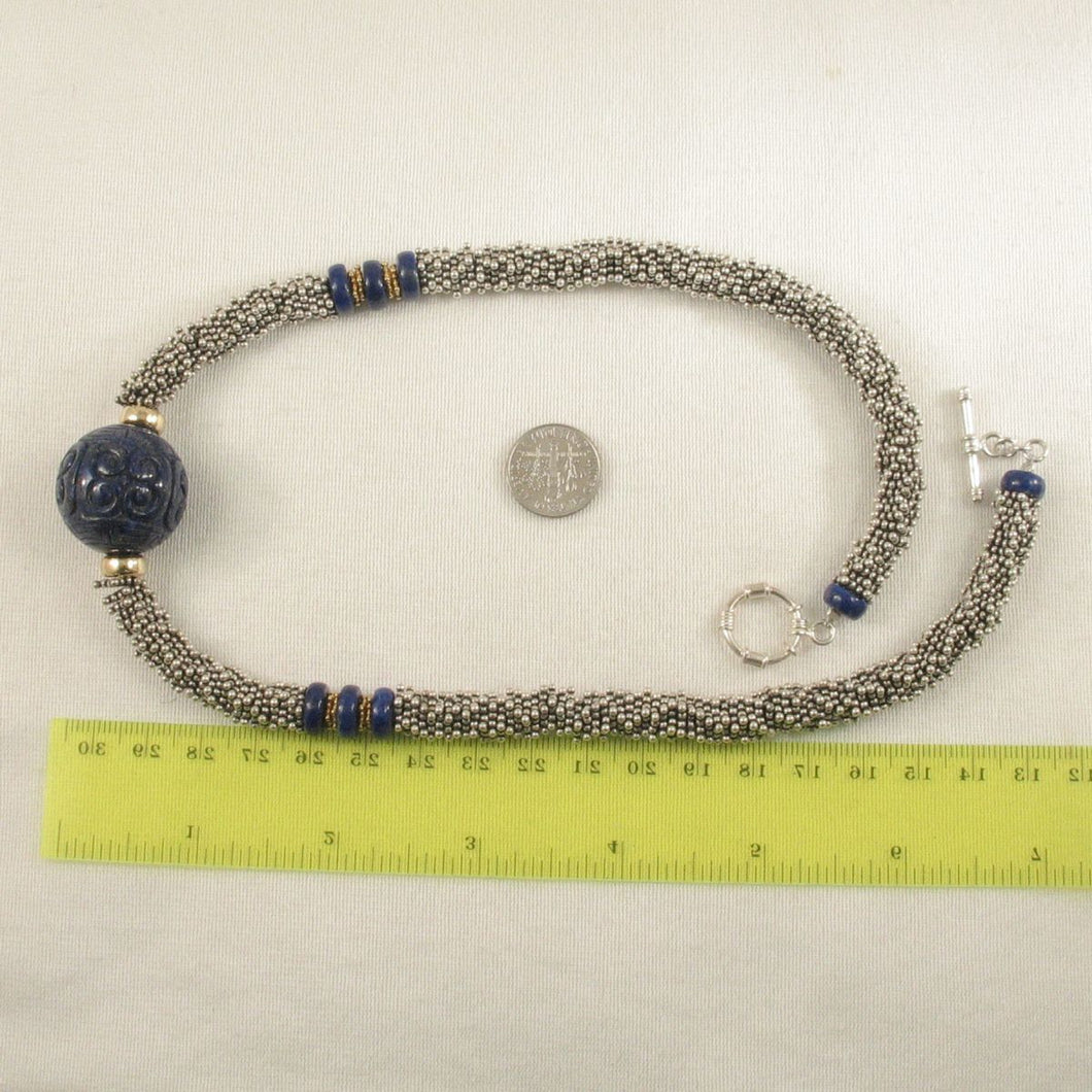 24mm Engraved Blue Lapis with 14k Gold Roundels & Silver Spacers Necklace