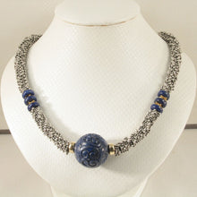 Load image into Gallery viewer, 24mm Engraved Blue Lapis with 14k Gold Roundels &amp; Silver Spacers Necklace
