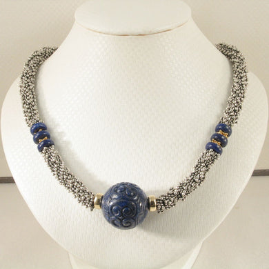 24mm Engraved Blue Lapis with 14k Gold Roundels & Silver Spacers Necklace