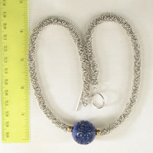 Load image into Gallery viewer, 22mm Engraved Blue Lapis with 14k Gold &amp; Silver Bali Spacer Necklace