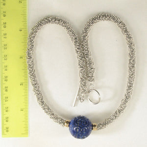 22mm Engraved Blue Lapis with 14k Gold & Silver Bali Spacer Necklace
