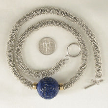Load image into Gallery viewer, 22mm Engraved Blue Lapis with 14k Gold &amp; Silver Bali Spacer Necklace