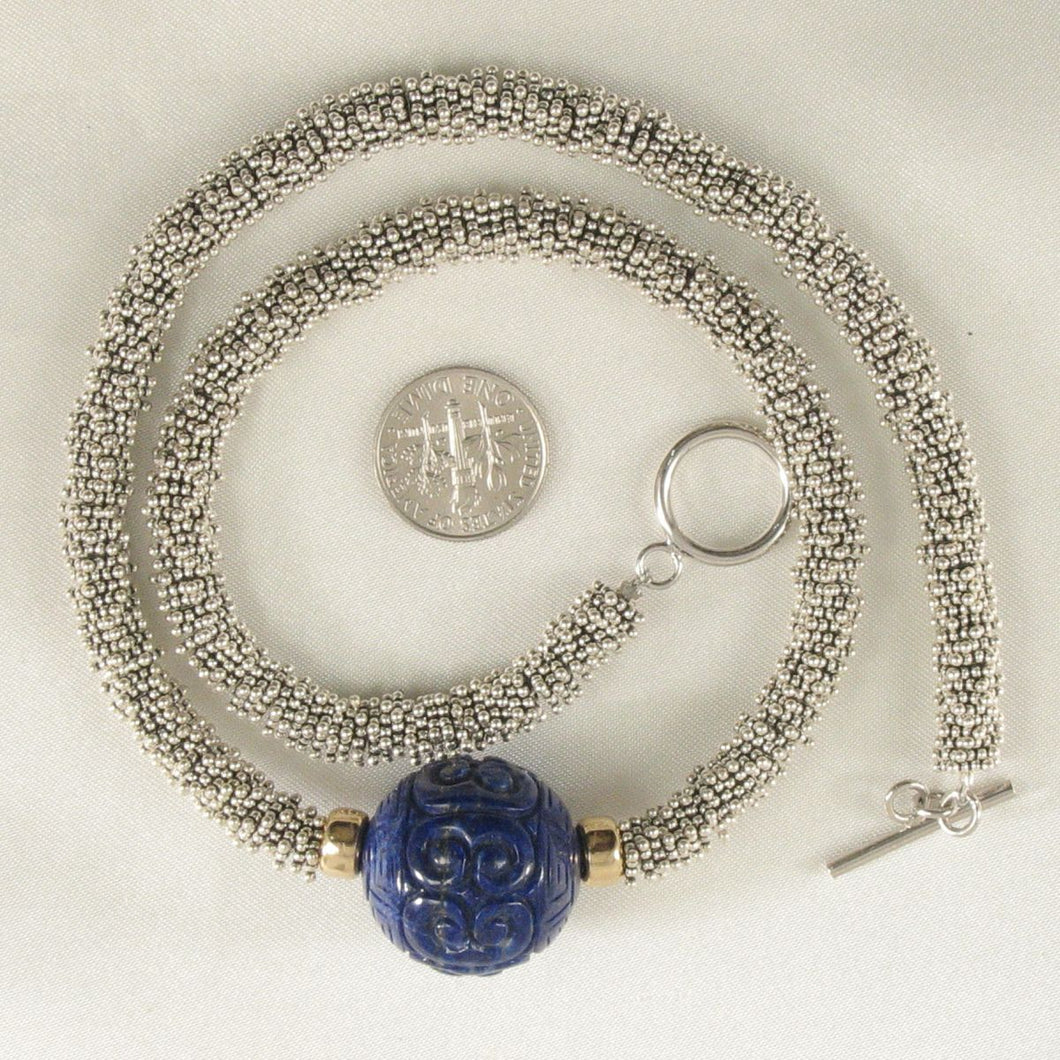 22mm Engraved Blue Lapis with 14k Gold & Silver Bali Spacer Necklace