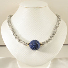 Load image into Gallery viewer, 22mm Engraved Blue Lapis with 14k Gold &amp; Silver Bali Spacer Necklace