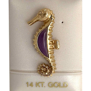 14k Gold Seahorse Design Lavender Jade Pendant Necklace