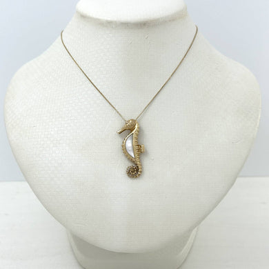14k Solid Yellow Gold Seahorse Design White Mother of Pearl Pendant Necklace