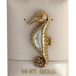 14k Solid Yellow Gold Seahorse Design White Mother of Pearl Pendant Necklace