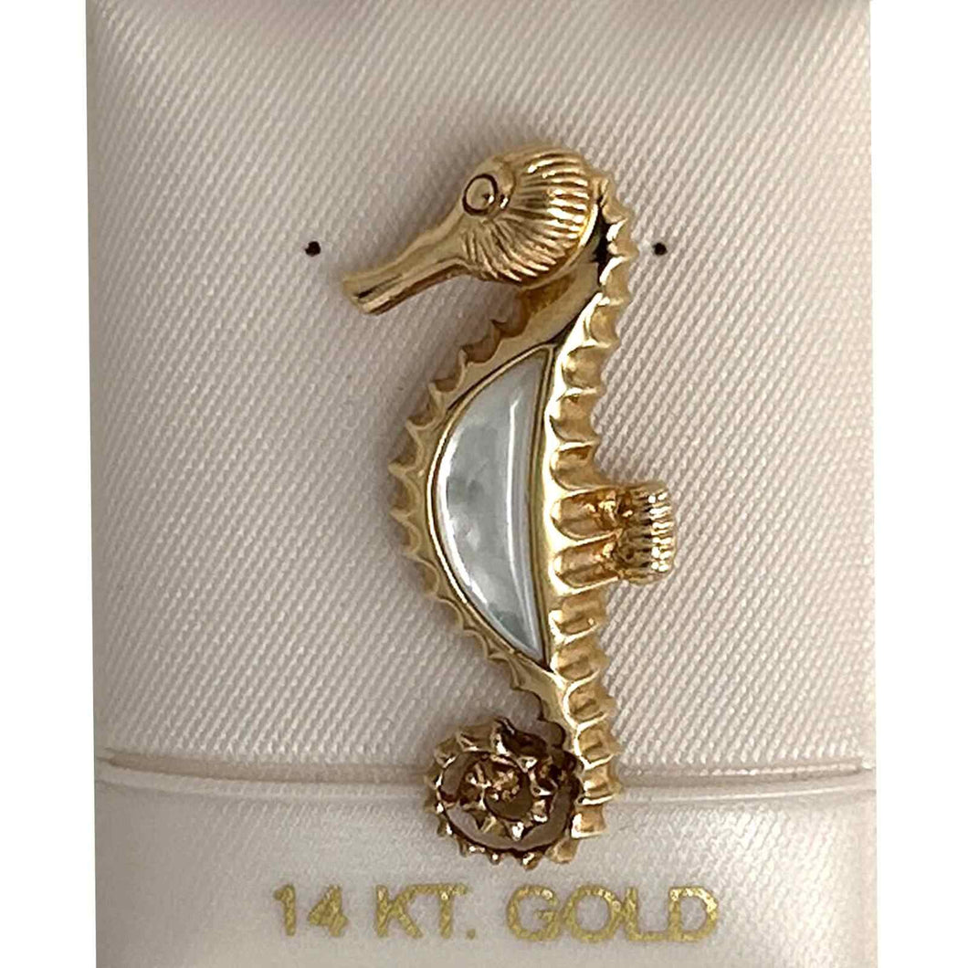 14k Solid Yellow Gold Seahorse Design White Mother of Pearl Pendant Necklace
