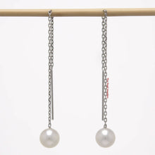 Load image into Gallery viewer, 14K White Gold White Pearl Threader Chain Earrings