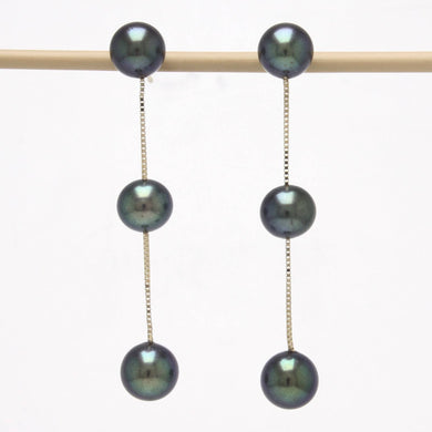 14K Yellow Gold Tin-Cup Black Pearl Dangle Earrings (6-Pearl Design)