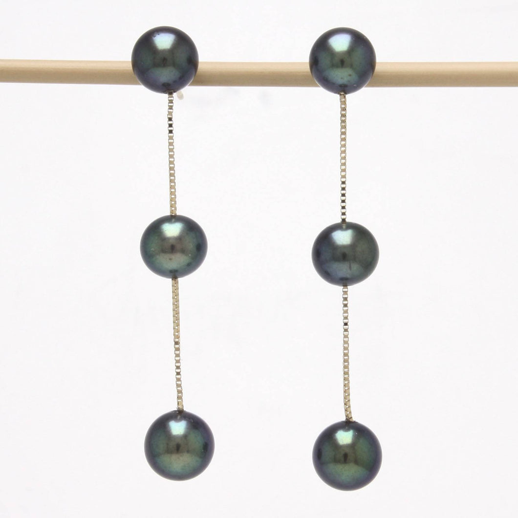 14K Yellow Gold Tin-Cup Black Pearl Dangle Earrings (6-Pearl Design)