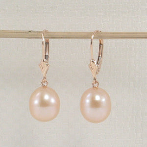 14K Rose Gold Pink Pearl Leverback Earrings (9–10mm)