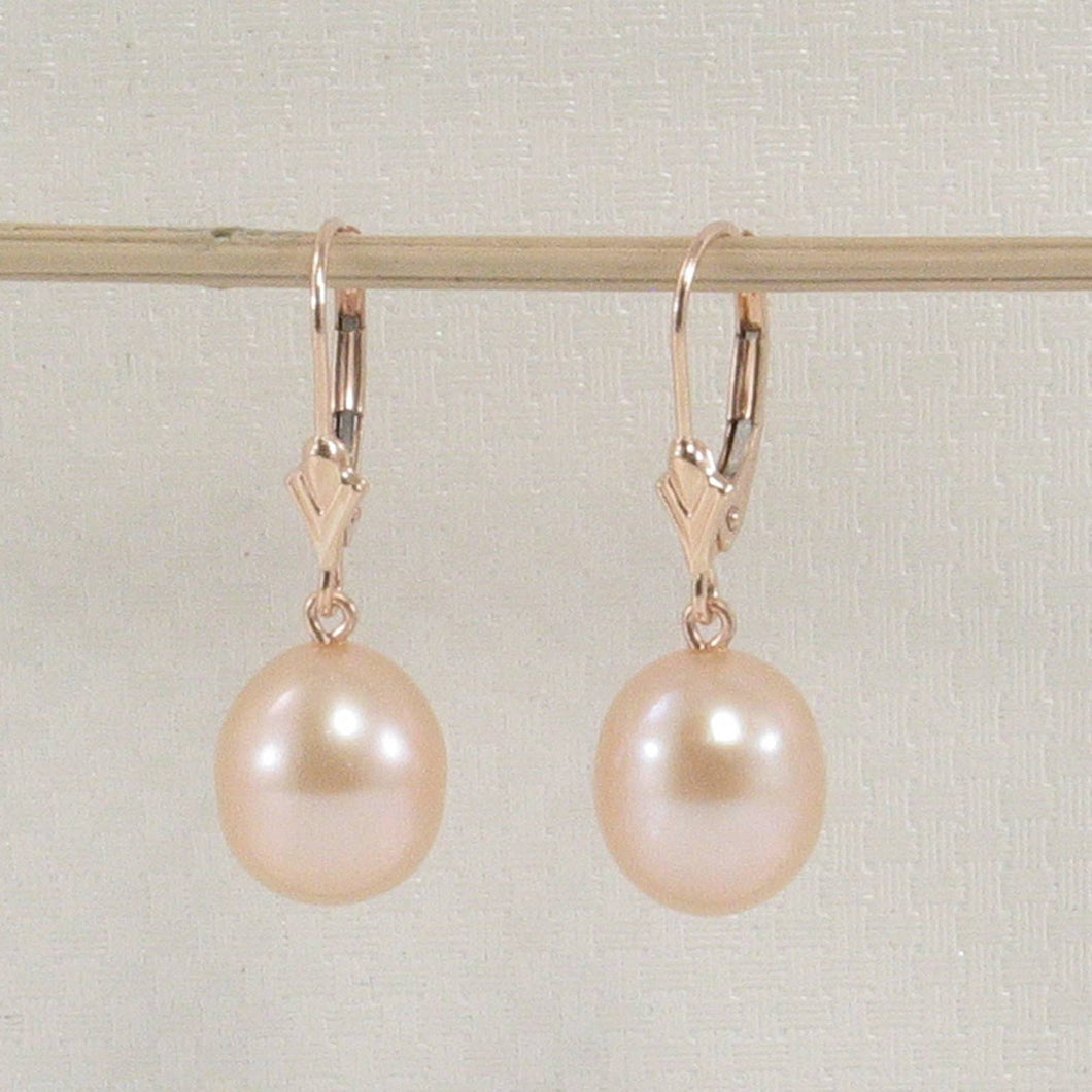 14K Rose Gold Pink Pearl Leverback Earrings (9–10mm)