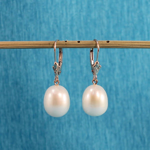 14K Rose Gold White Pearl Leverback Earrings (9–10mm)