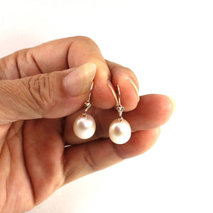 14K Rose Gold White Pearl Leverback Earrings (9–10mm)
