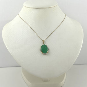 14k Solid Gold Diamond Cabochons Green Jade Pendant Necklace
