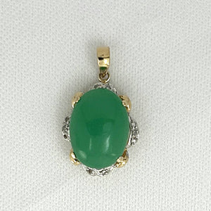 14k Solid Gold Diamond Cabochons Green Jade Pendant Necklace