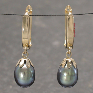 14k Solid Gold Euro Back Black Pearl Dangle Earrings
