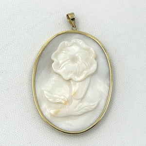 14k Yellow Gold Hand Carved White Cream Mother of Pearl Pendant