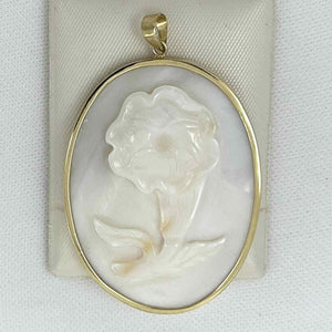 14k Yellow Gold Hand Carved White Cream Mother of Pearl Pendant