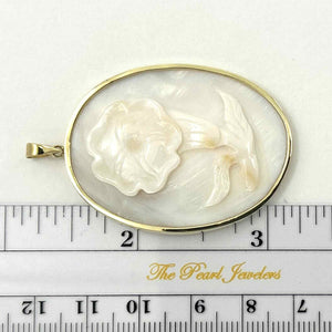 14k Yellow Gold Hand Carved White Cream Mother of Pearl Pendant