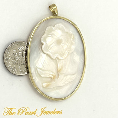 14k Yellow Gold Hand Carved White Cream Mother of Pearl Pendant