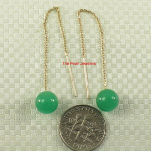 14K Yellow Gold Threader Chain Green Jade Bead Dangle Earrings