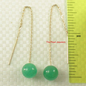 14K Yellow Gold Threader Chain Green Jade Bead Dangle Earrings