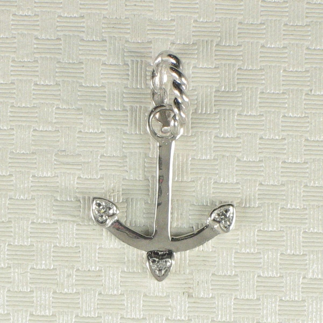 14k Solid White Gold Anchor Diamond Pendant Necklace