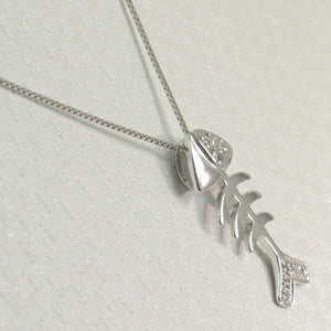 14k Solid White Gold Fish Skeleton Diamond Pendant Necklace